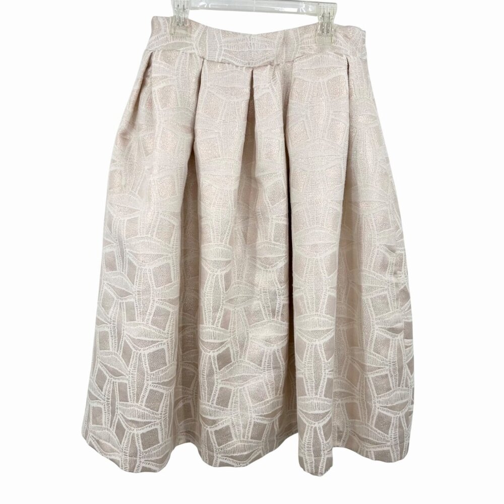 LULU'S IVORY METALLIC GOLD BEIGE GEOMETRIC TEXTURED A-LINE PLEATED HOLIDAY SKIRT - Picture 3 of 5